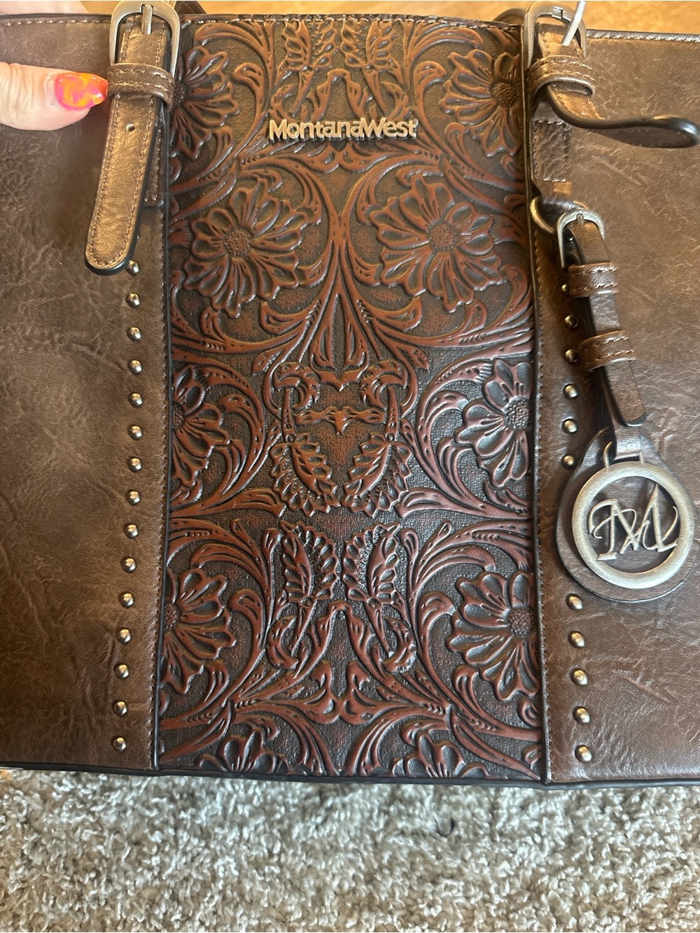Montana West Men's Brown Tooled Leather Tote Bag